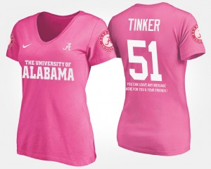 Women Carson Tinker Pink Alabama Crimson Tide #51 With Message Name and Number T-Shirt 841753-956